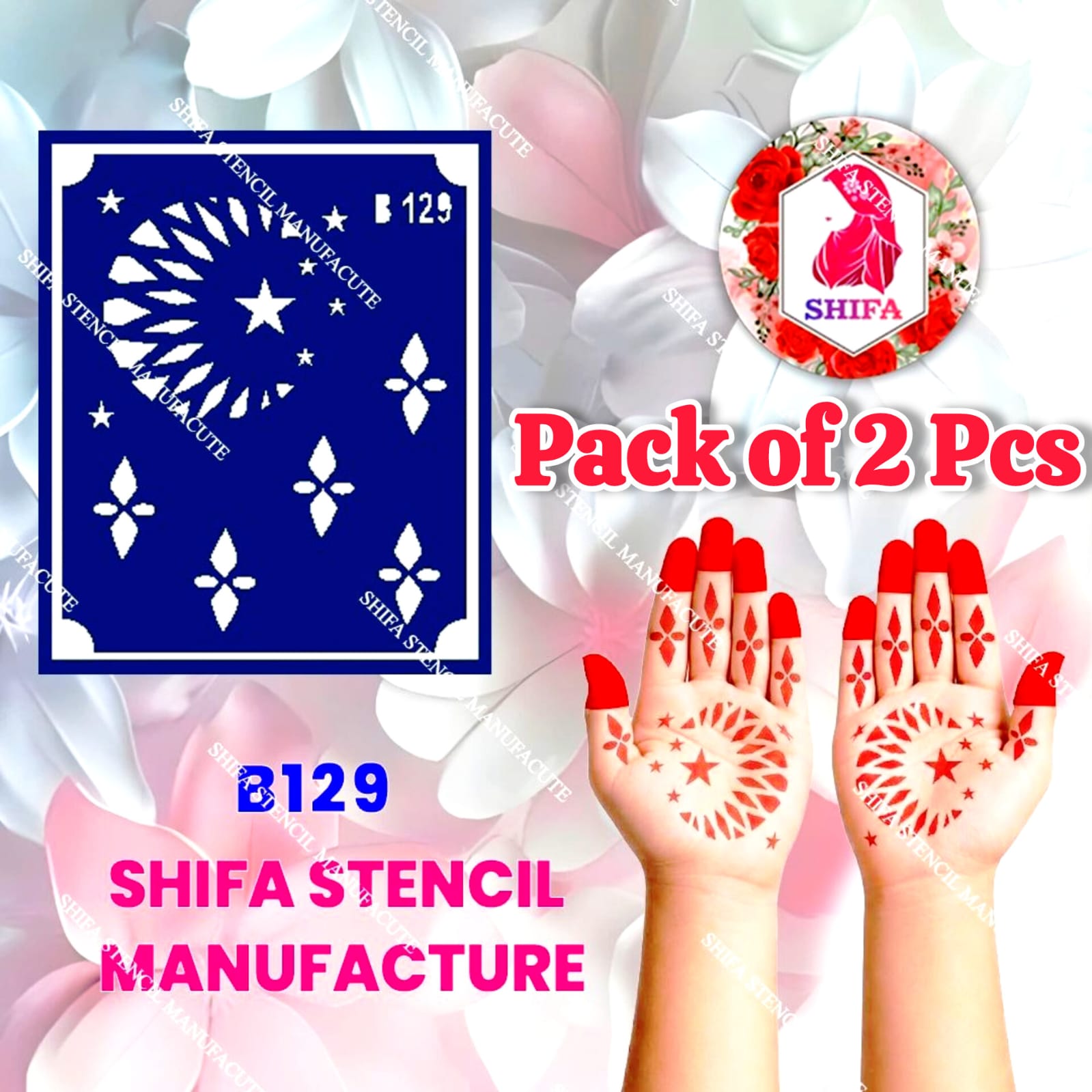 B129 (age 5 to 10) Radiant Starburst Crescent Double Hand Henna Stencil - Shifa Stencil